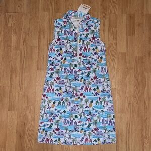 NWT Cappagallo Sleeveless Aqua Beach Print Collared Quarter Zip Dress Size Small